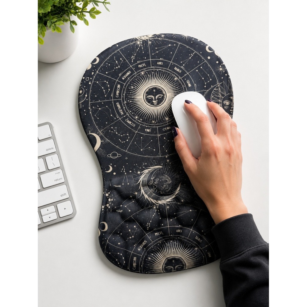 Celestial Zodiac Astrology Ergonomic Mouse Pad Wrist Rest Sun Moon Stars Black